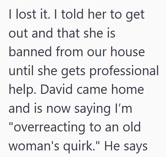 I lost it. I told her to get out and that she is banned from our house until she gets professional help. David came home and is now saying I'm "overreacting to an old woman's quirk." He says