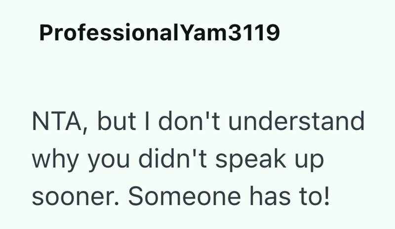 Professional Yam3119 NTA, but I don't understand why you didn't speak up sooner. Someone has to!