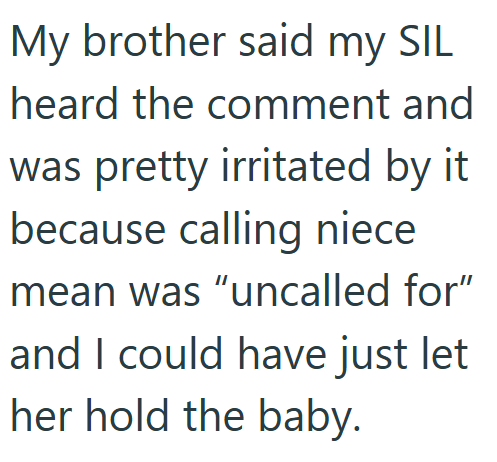 My brother said my SIL heard the comment and was pretty irritated by it because calling niece mean was "uncalled for" and I could have just let her hold the baby.