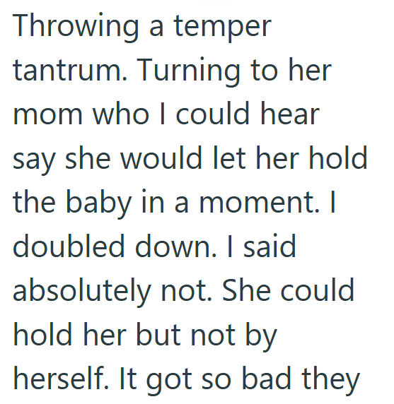 Throwing a temper tantrum. Turning to her mom who I could hear say she would let her hold. the baby in a moment. I doubled down. I said absolutely not. She could hold her but not by herself. It got so bad they