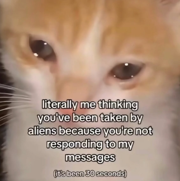literally me thinking you've been taken by aliens because you're not responding to my messages (it's been 30 seconds)