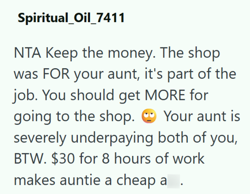 Spiritual_Oil_7411 NTA Keep the money. The shop was FOR your aunt, it's part of the job. You should get MORE for going to the shop. Your aunt is severely underpaying both of you, BTW. $30 for 8 hours of work makes auntie a cheap a