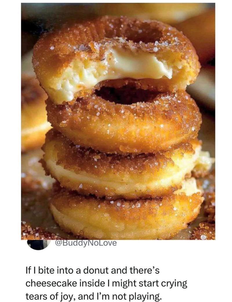 @BuddyNoLove If I bite into a donut and there's cheesecake inside I might start crying tears of joy, and I'm not playing.