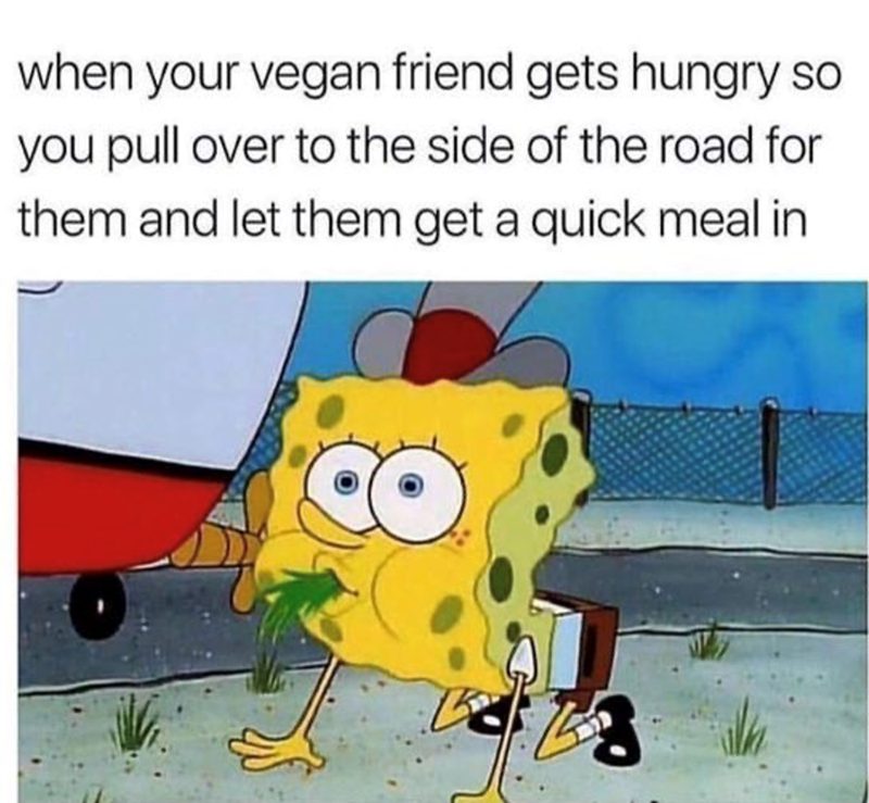 when your vegan friend gets hungry so you pull over to the side of the road for them and let them get a quick meal in