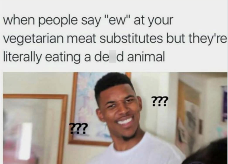 when people say "ew" at your vegetarian meat substitutes but they're literally eating a de d animal ??? ???