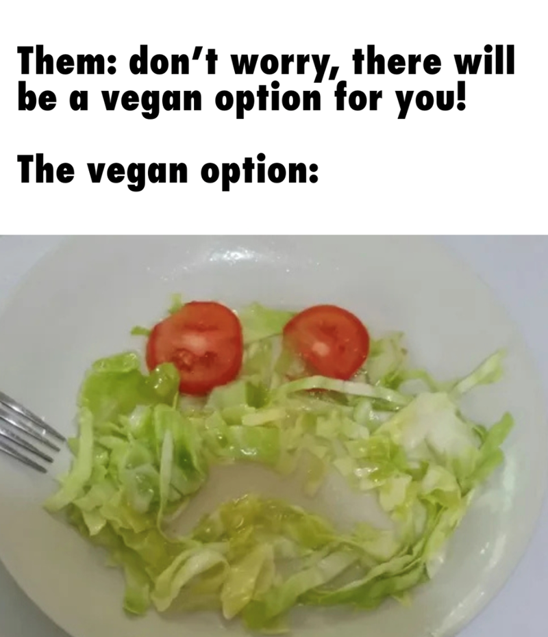 Them: don't worry, there will be a vegan option for you! The vegan option: