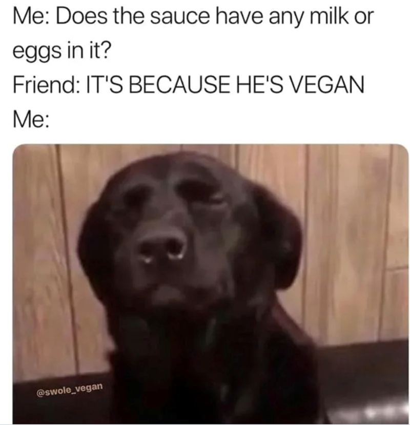 Me: Does the sauce have any milk or eggs in it? Friend: IT'S BECAUSE HE'S VEGAN Me: @swole_vegan