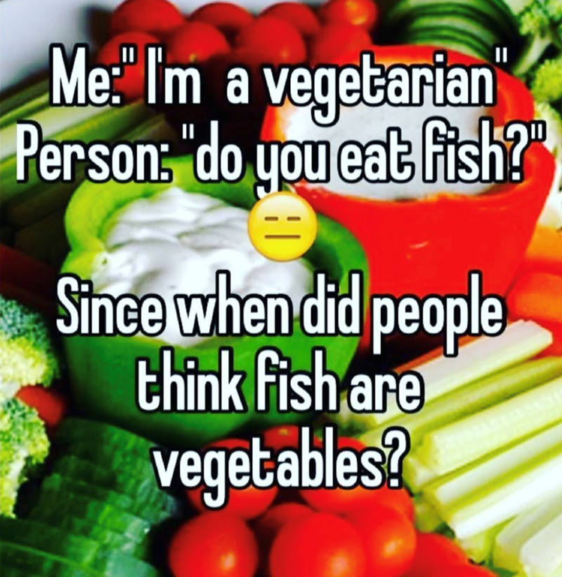 Me: I'm a vegetarian Person: "do you eat fish?" Since when did people think fish are vegetables?