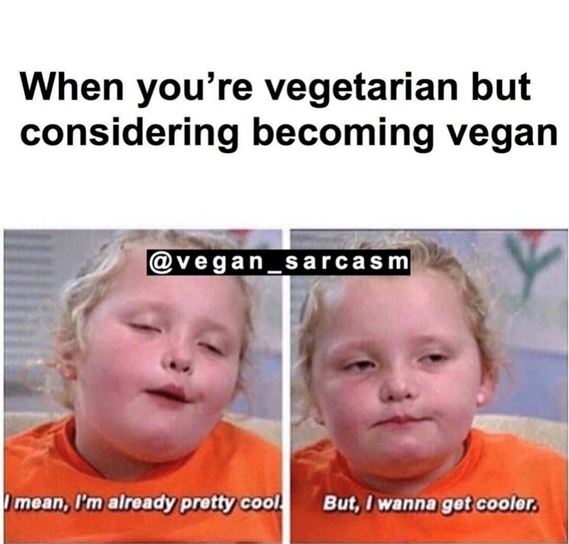 When you're vegetarian but considering becoming vegan @vegan_sarcasm I mean, I'm already pretty cool But, I wanna get cooler.