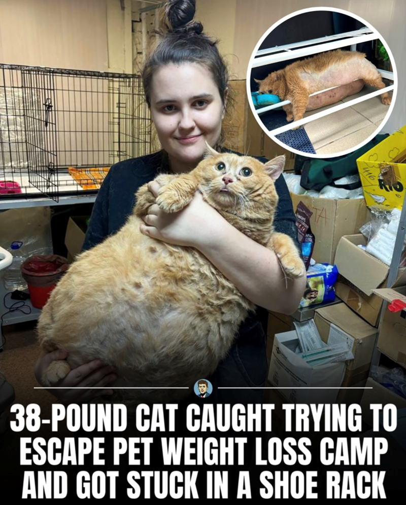 TA RO 38-POUND CAT CAUGHT TRYING TO ESCAPE PET WEIGHT LOSS CAMP AND GOT STUCK IN A SHOE RACK