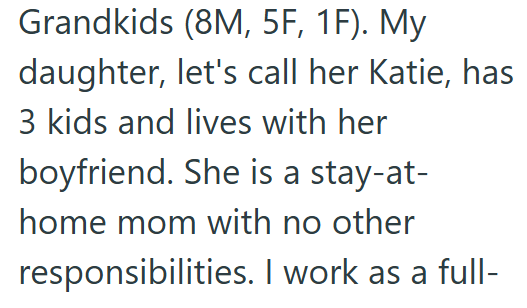 Grandkids (8M, 5F, 1F). My daughter, let's call her Katie, has 3 kids and lives with her boyfriend. She is a stay-at- home mom with no other responsibilities. I work as a full-