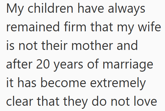 My children have always remained firm that my wife is not their mother and after 20 years of marriage it has become extremely clear that they do not love