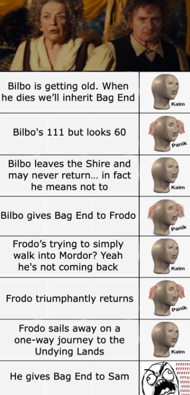 Bilbo is getting old. When he dies we'll inherit Bag End Kalm Bilbo's 111 but looks 60 Panik Bilbo leaves the Shire and may never return... in fact he means not to Bilbo gives Bag End to Frodo Frodo's trying to simply walk into Mordor? Yeah he's not coming back Frodo triumphantly returns Frodo sails away on a one-way journey to the Undying Lands He gives Bag End to Sam Kalm Panik Kalm Panik Kalm FFFFFFF FFFUL UUUU UUU UUUU