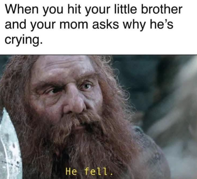 When you hit your little brother and your mom asks why he's crying. He fell.