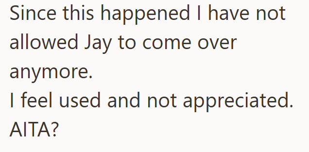 Since this happened I have not allowed Jay to come over anymore. I feel used and not appreciated. AITA?