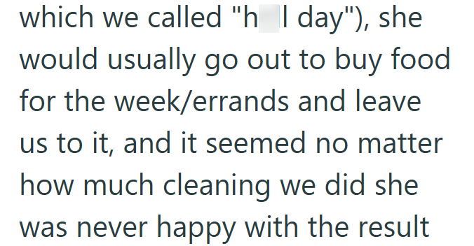 which we called "h I day"), she would usually go out to buy food for the week/errands and leave us to it, and it seemed no matter how much cleaning we did she was never happy with the result