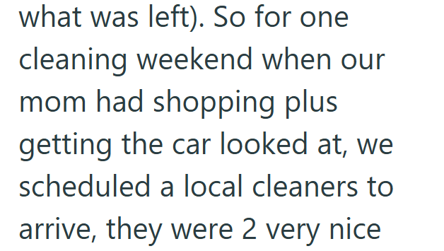 what was left). So for one cleaning weekend when our mom had shopping plus getting the car looked at, we scheduled a local cleaners to arrive, they were 2 very nice