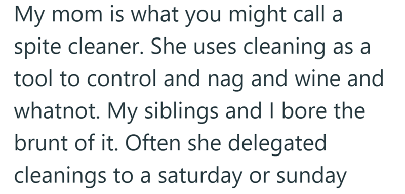 My mom is what you might call a spite cleaner. She uses cleaning as a tool to control and nag and wine and whatnot. My siblings and I bore the brunt of it. Often she delegated cleanings to a saturday or sunday