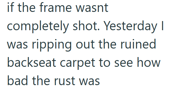 if the frame wasnt completely shot. Yesterday I was ripping out the ruined backseat carpet to see how bad the rust was