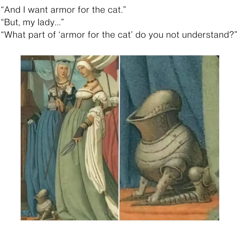 "And I want armor for the cat." "But, my lady..." "What part of ‘armor for the cat' do you not understand?"