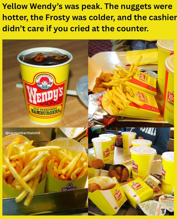 Yellow Wendy's was peak. The nuggets were hotter, the Frosty was colder, and the cashier didn't care if you cried at the counter. WENDY'S OLD FASHIONED @irememberthatshit C WE Wendy's BARBECUE SA