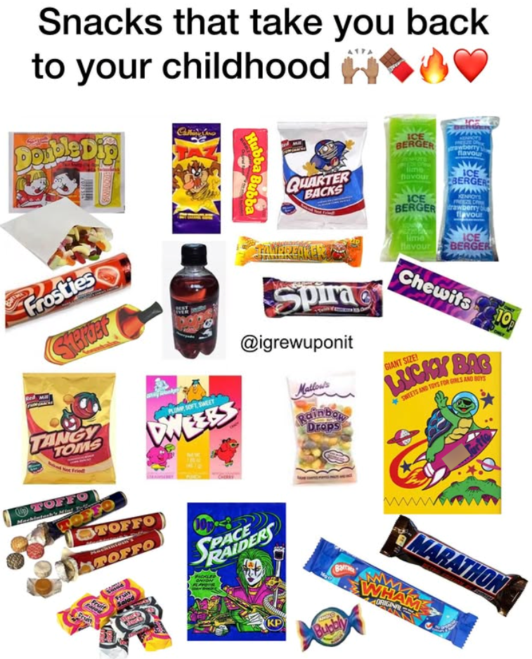 Snacks that take you back to your childhood O Double Dig SWIZOZE Frosties StBroer TANGY TOMS Not Fried PLUMP SOFT SWEET DWEEBS TOFFO TOFFO TOFFO тогго Fru Hubba Bubba QUARTER BACKS lime navour ICE BERGER strawberry flavour ICE BERGER ICE KENROYS FREEZE DR flavour HAMEDEDER Spira @igrewuponit BERGER drawberry b lime ICE Havour BERGER Chewits 10 Salad SPAIDERS PICKLED ONTOW GIANT SIZE! Mallow's Rainbow Drops LUCKY BAG SWEETS AND TOYS FOR GIRLS AND BOYS KP Bubbly MARATHON WHAM ORIGINAL