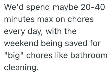We'd spend maybe 20-40 minutes max on chores every day, with the weekend being saved for "big" chores like bathroom cleaning.