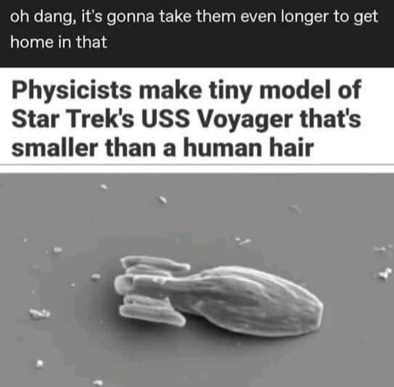 oh dang, it's gonna take them even longer to get home in that Physicists make tiny model of Star Trek's USS Voyager that's smaller than a human hair