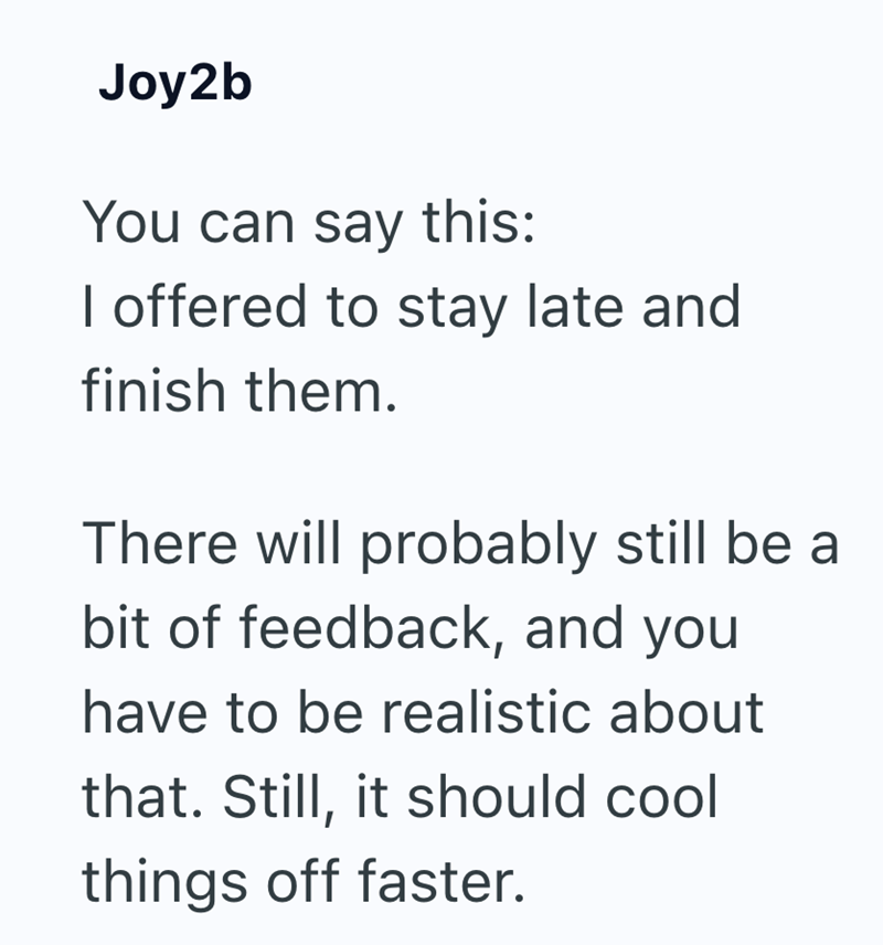 Joy2b You can say this: I offered to stay late and finish them. There will probably still be a bit of feedback, and you have to be realistic about that. Still, it should cool things off faster.