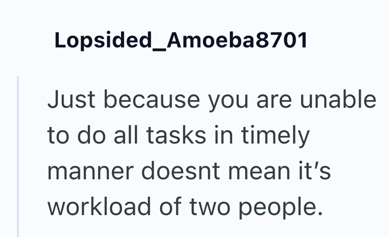 Lopsided_Amoeba8701 Just because you are unable to do all tasks in timely manner doesnt mean it's workload of two people.