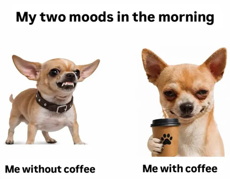 My two moods in the morning Me without coffee Me with coffee