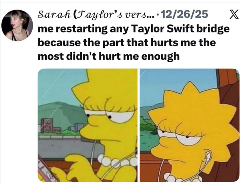 Sarah (Taylor's vers... 12/26/25 • me restarting any Taylor Swift bridge because the part that hurts me the most didn't hurt me enough X
