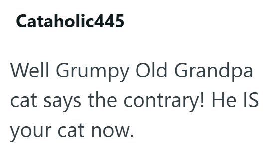 Cataholic445 Well Grumpy Old Grandpa cat says the contrary! He IS your cat now.