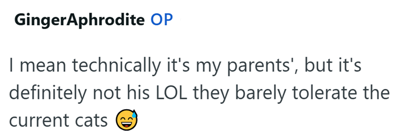 GingerAphrodite OP I mean technically it's my parents', but it's definitely not his LOL they barely tolerate the current cats