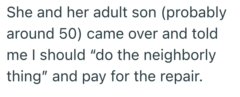She and her adult son (probably around 50) came over and told me I should "do the neighborly thing" and pay for the repair.