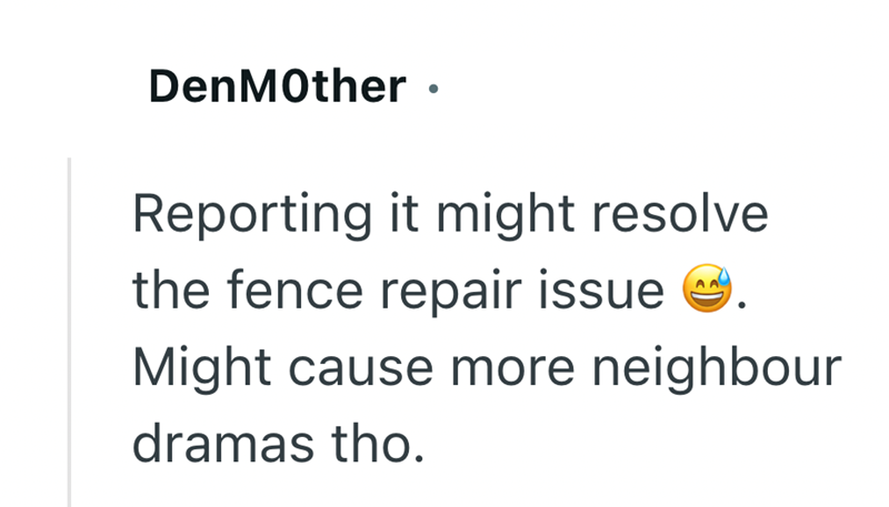 DenMother • Reporting it might resolve. the fence repair issue Might cause more neighbour dramas tho.