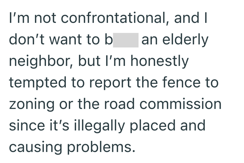 I'm not confrontational, and I don't want to b an elderly neighbor, but I'm honestly tempted to report the fence to zoning or the road commission since it's illegally placed and causing problems.