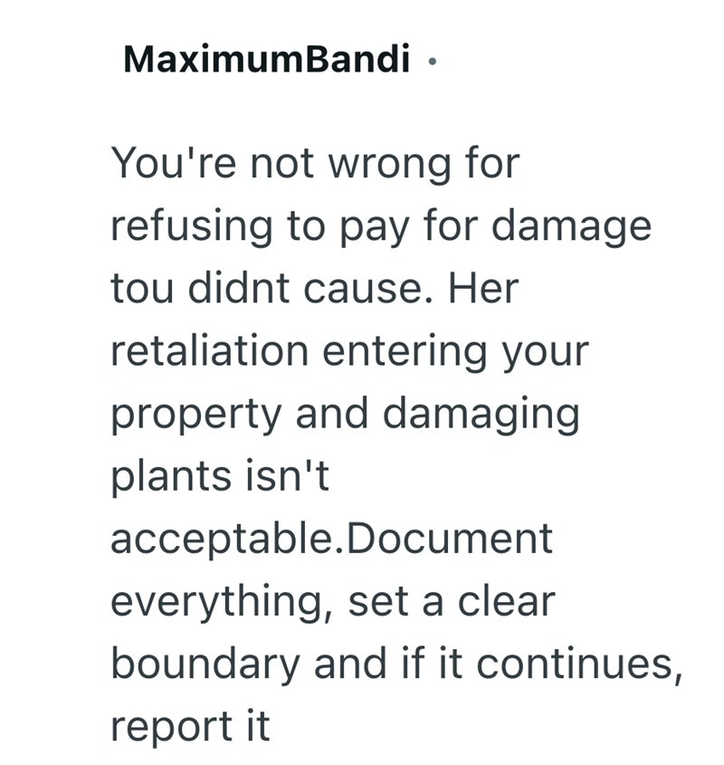 MaximumBandi ⚫ . You're not wrong for refusing to pay for damage. tou didnt cause. Her retaliation entering your property and damaging plants isn't acceptable.Document everything, set a clear boundary and if it continues, report it