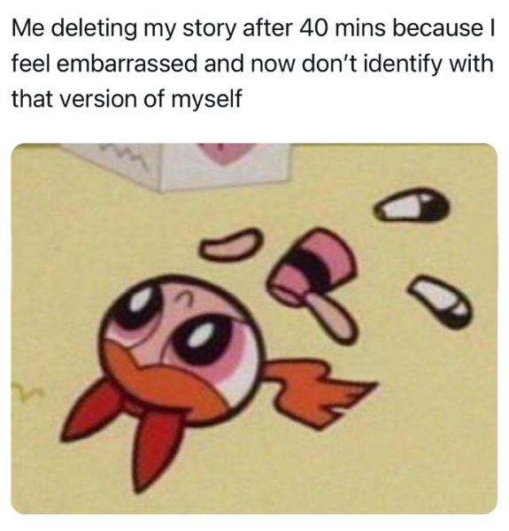 Me deleting my story after 40 mins because I feel embarrassed and now don't identify with that version of myself
