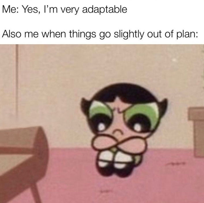 Me: Yes, I'm very adaptable Also me when things go slightly out of plan: