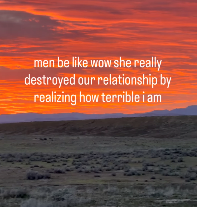 men be like wow she really destroyed our relationship by realizing how terrible i am