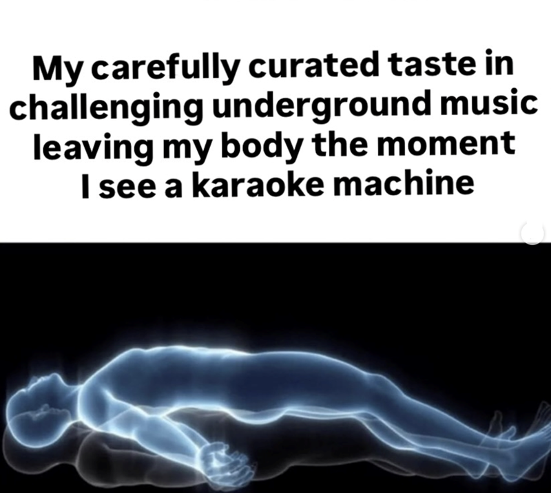 My carefully curated taste in challenging underground music leaving my body the moment I see a karaoke machine