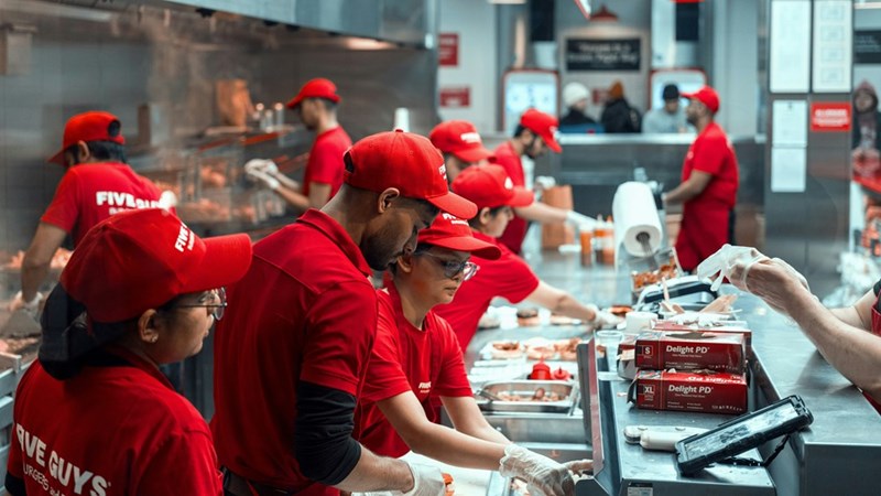 A group of fast food employees working in a busy kitchen.