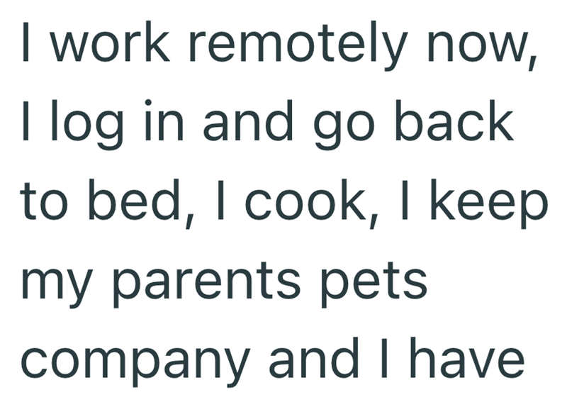 I work remotely now, I log in and go back to bed, I cook, I keep my parents pets company and I have