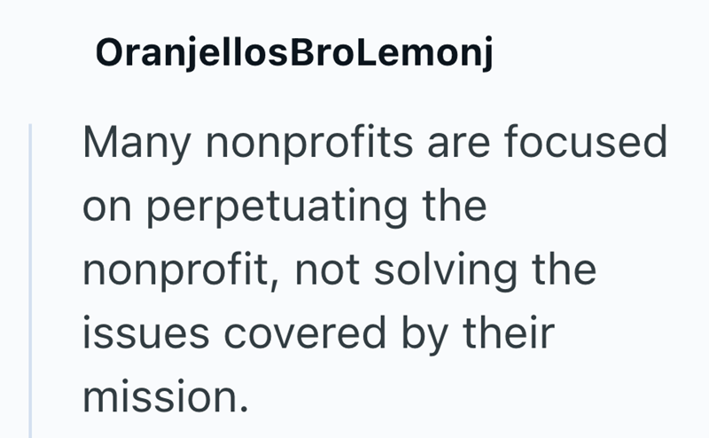 OranjellosBroLemonj Many nonprofits are focused on perpetuating the nonprofit, not solving the issues covered by their mission.