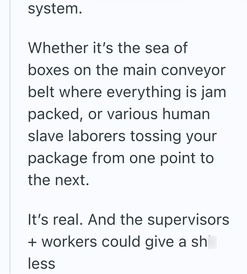 system. Whether it's the sea of boxes on the main conveyor belt where everything is jam packed, or various human slave laborers tossing your package from one point to the next. It's real. And the supervisors + workers could give a sh less