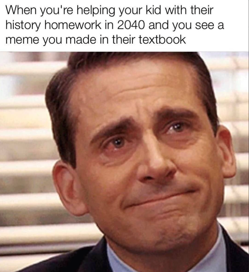 When you're helping your kid with their history homework in 2040 and you see a meme you made in their textbook