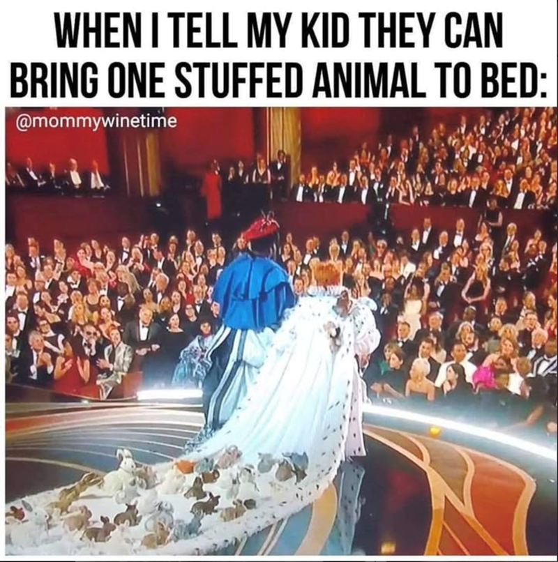 WHEN I TELL MY KID THEY CAN BRING ONE STUFFED ANIMAL TO BED: @mommywinetime