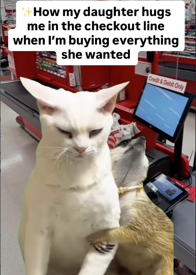 How my daughter hugs me in the checkout line when I'm buying everything she wanted Credit & Debit Only