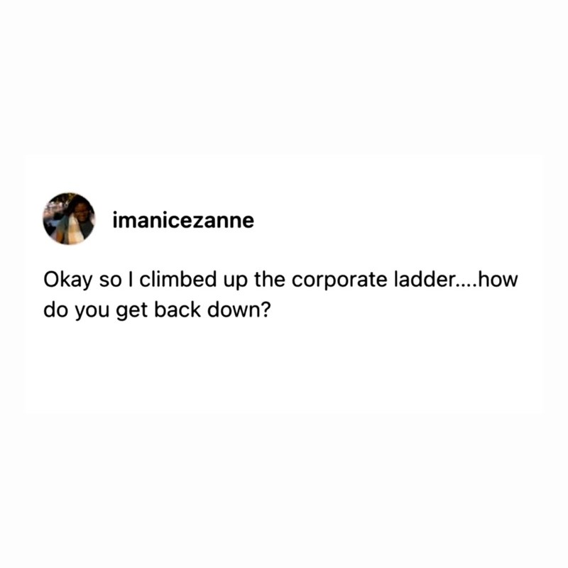 imanicezanne Okay so I climbed up the corporate ladder....how do you get back down?